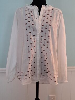 LUCKY BRAND White Cotton Blouse w/Printed Bows Design, Long Sleeve, Size M